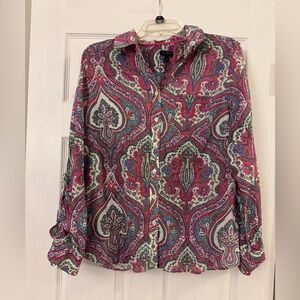 Talbots Paisley Button Up Size L Bohemian Colorful Light Weight Roll Sleeve Top